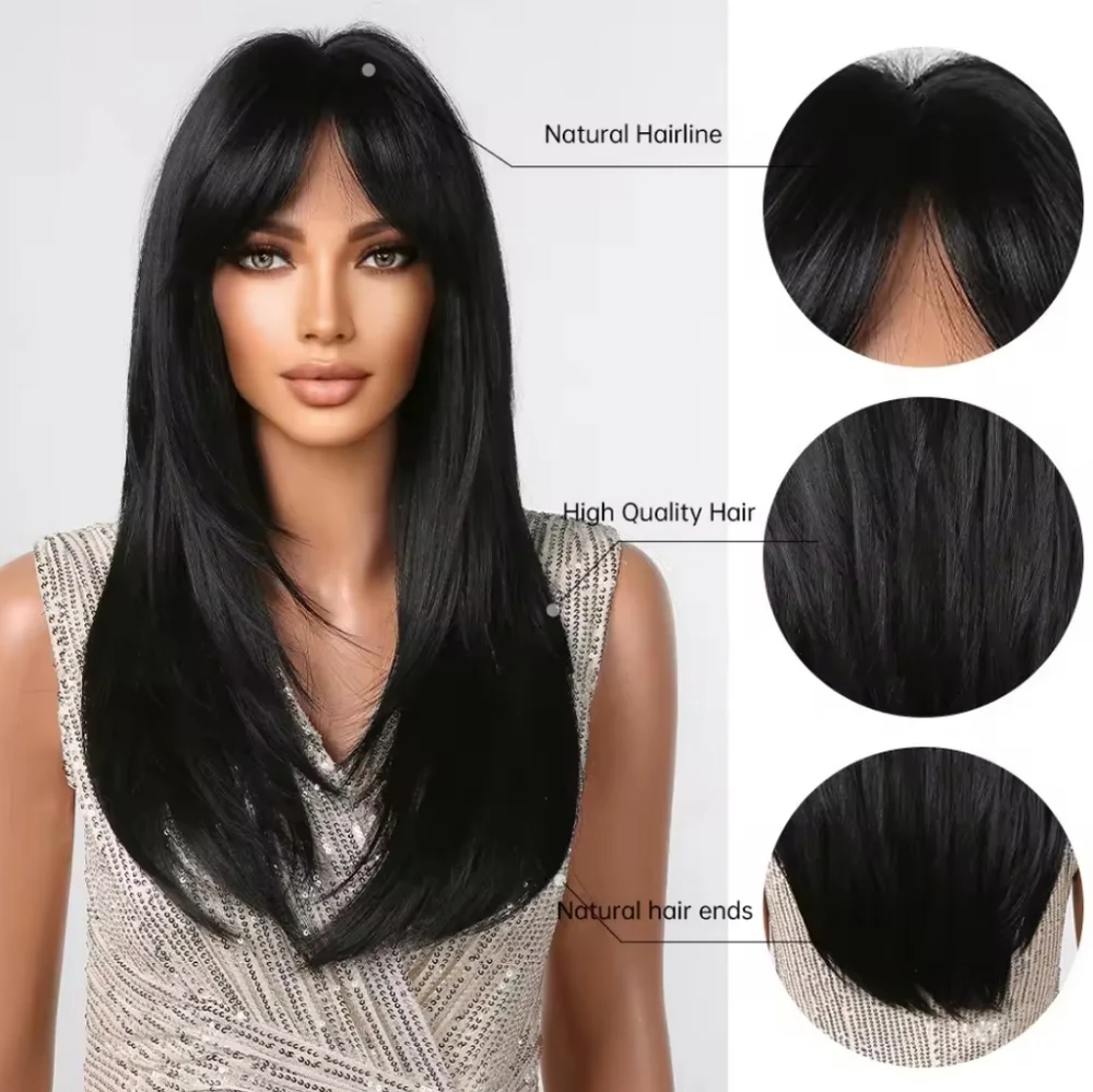 Dark Black Layered High-quality Synthetic Long Straight Wig - Picture 5 of 7
